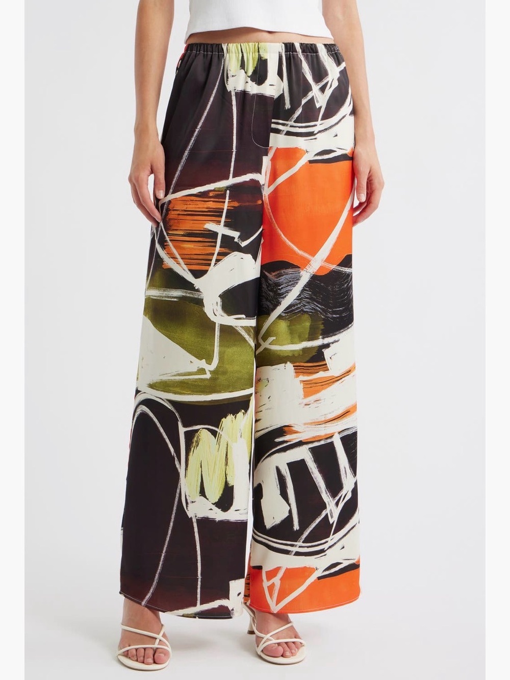 Topshop Abstract Print Wide-Leg Pants in Black, Orange, Green, White